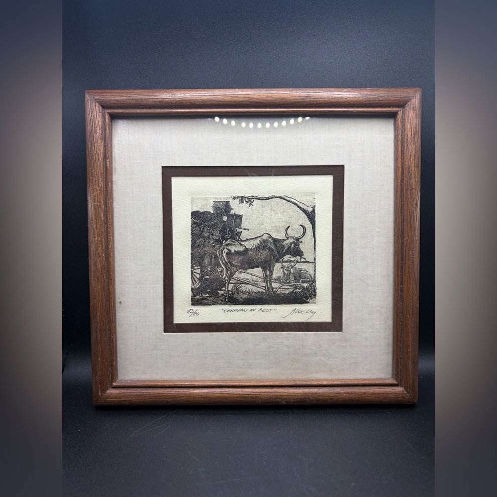 Vintage Artist Signed & Numbered Caravan At Rest Bull Cattle Etching, Framed Art